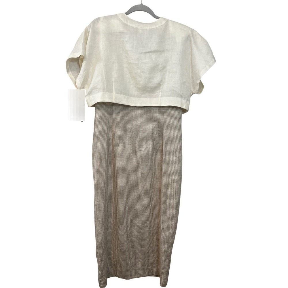 Plaza South Vintage 90s Embroidered Gingham Midi Dress NOS Ramie Linen Tan 14 - Picture 3 of 9